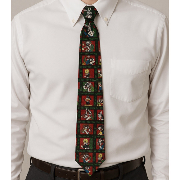 Vintage 1991 Looney Tunes Christmas Tie Bugs Bunny Tweety Sylvester 100% Silk - Picture 2 of 7